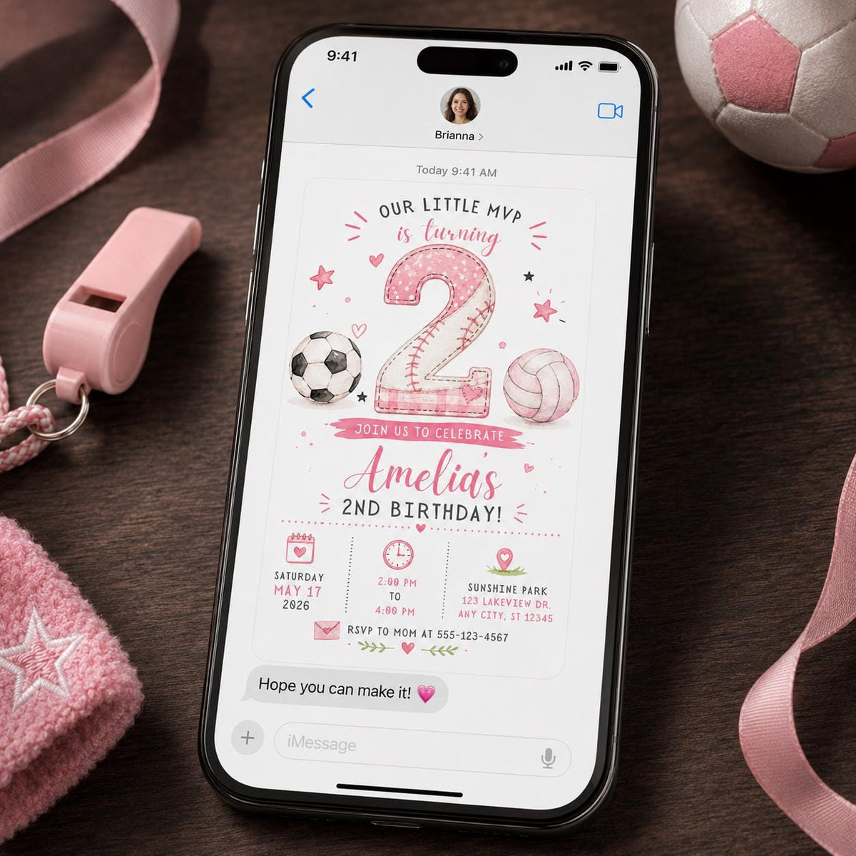 Pink Sports 2nd Birthday Invitation for Girls — baseball and soccer design