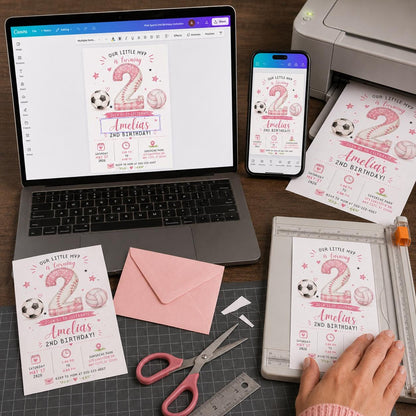 Pink Sports 2nd Birthday Invitation for Girls — print-ready 2nd birthday party design from VoltBy