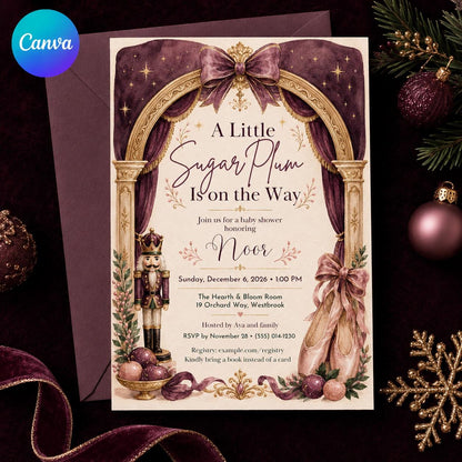 Pink Sugar Plum Baby Shower Invitation for Girls — editable Canva template