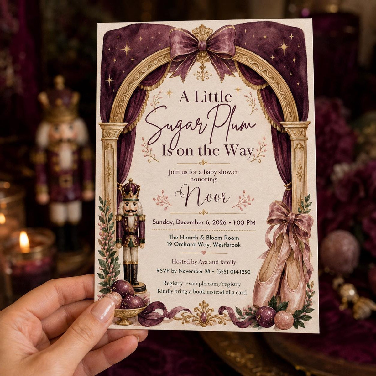 Pink Sugar Plum Baby Shower Invitation for Girls — invitation you personalize in Canva