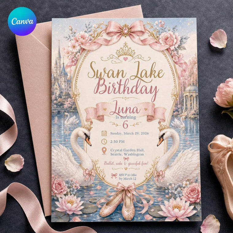 Pink Swan Lake Birthday Invitation for Girls