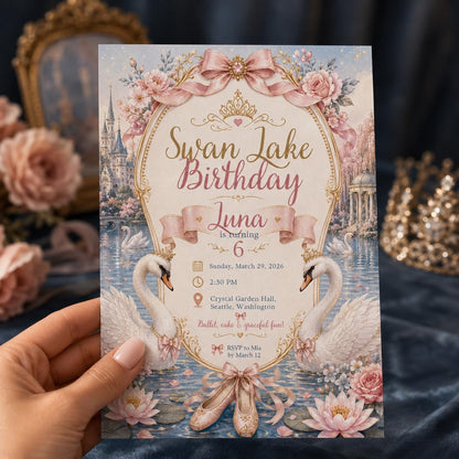 Pink Swan Lake Birthday Invitation for Girls — invitation you personalize in Canva