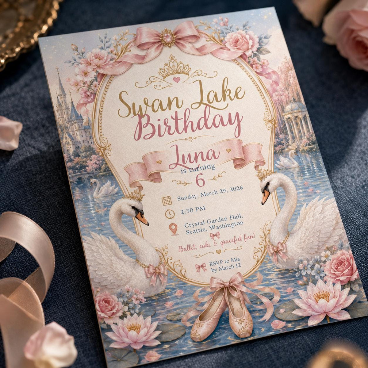 Pink Swan Lake Birthday Invitation for Girls — digital invitation, instant download