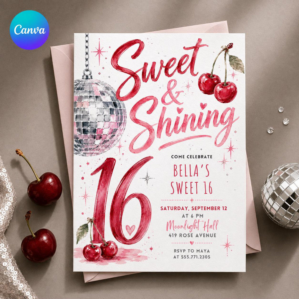 Pink Sweet 16 Cherry Disco Invitation — editable Canva template