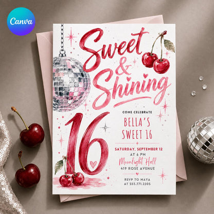 Pink Sweet 16 Cherry Disco Invitation — editable Canva template