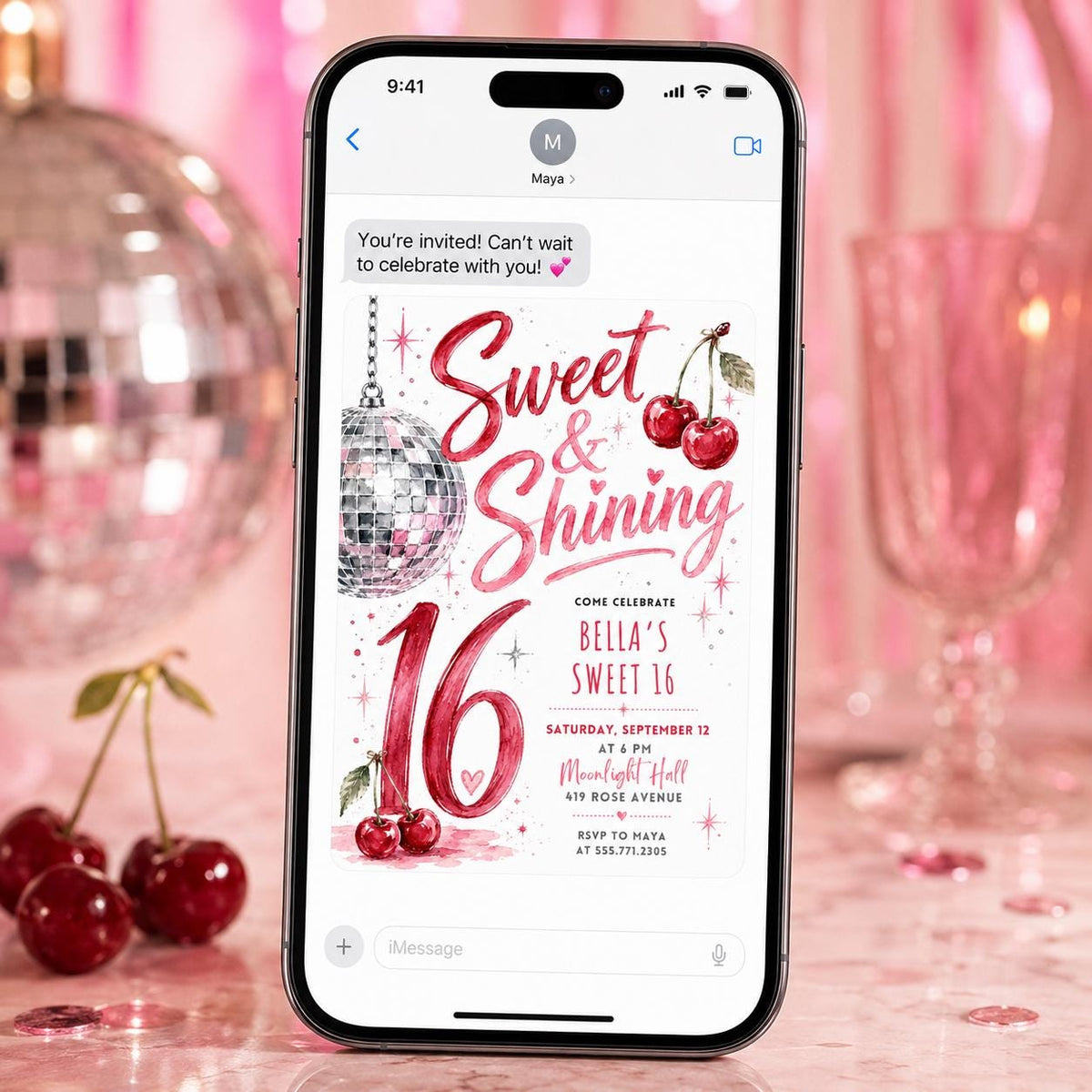 Pink Sweet 16 Cherry Disco Invitation — ball design