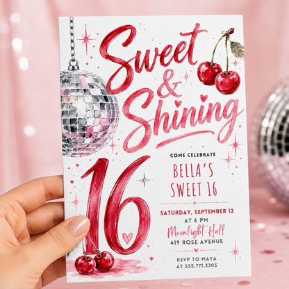 Pink Sweet 16 Cherry Disco Invitation — invitation you personalize in Canva