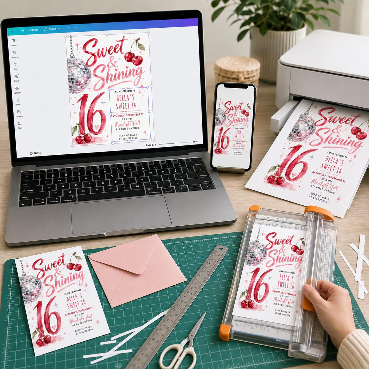 Pink Sweet 16 Cherry Disco Invitation — print-ready sweet 16 design from VoltBy