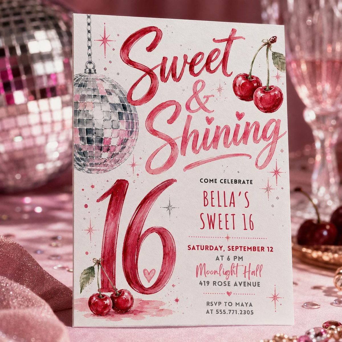 Pink Sweet 16 Cherry Disco Invitation — digital invitation, instant download