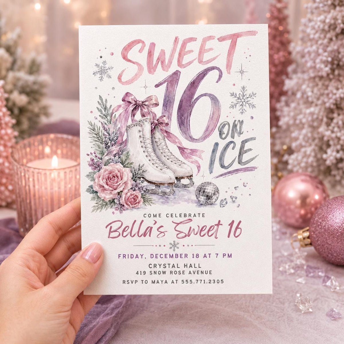 Pink Sweet 16 On Ice Invitation — invitation you personalize in Canva