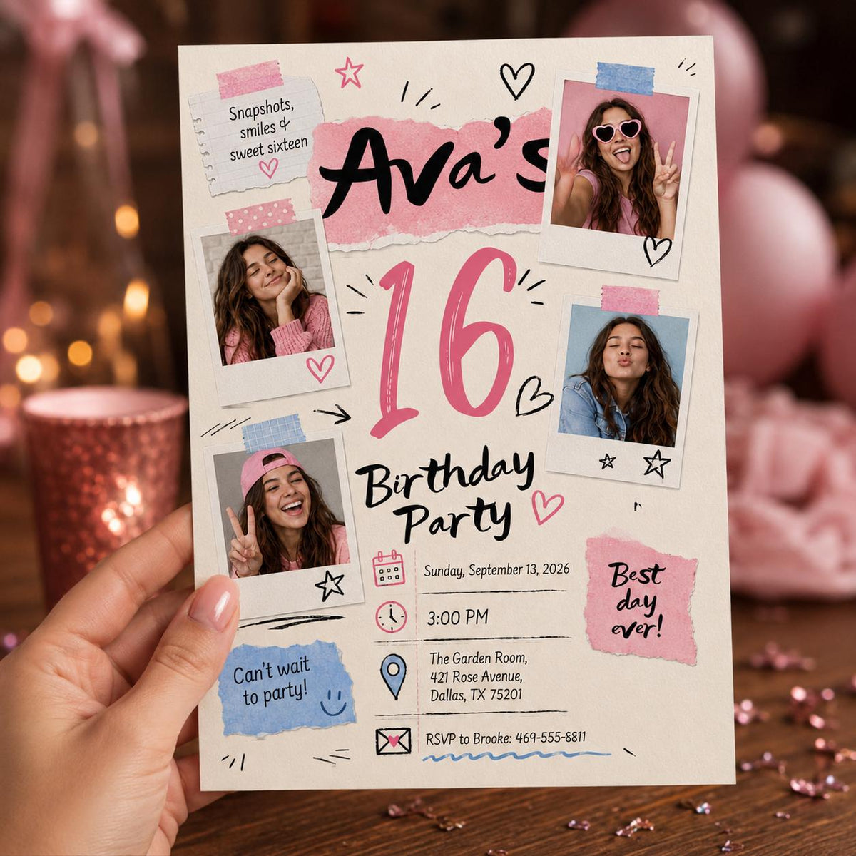 Pink Sweet 16 Photo Invitation for Girls — invitation you personalize in Canva