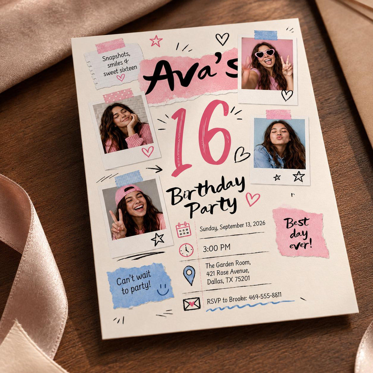 Pink Sweet 16 Photo Invitation for Girls — digital invitation, instant download