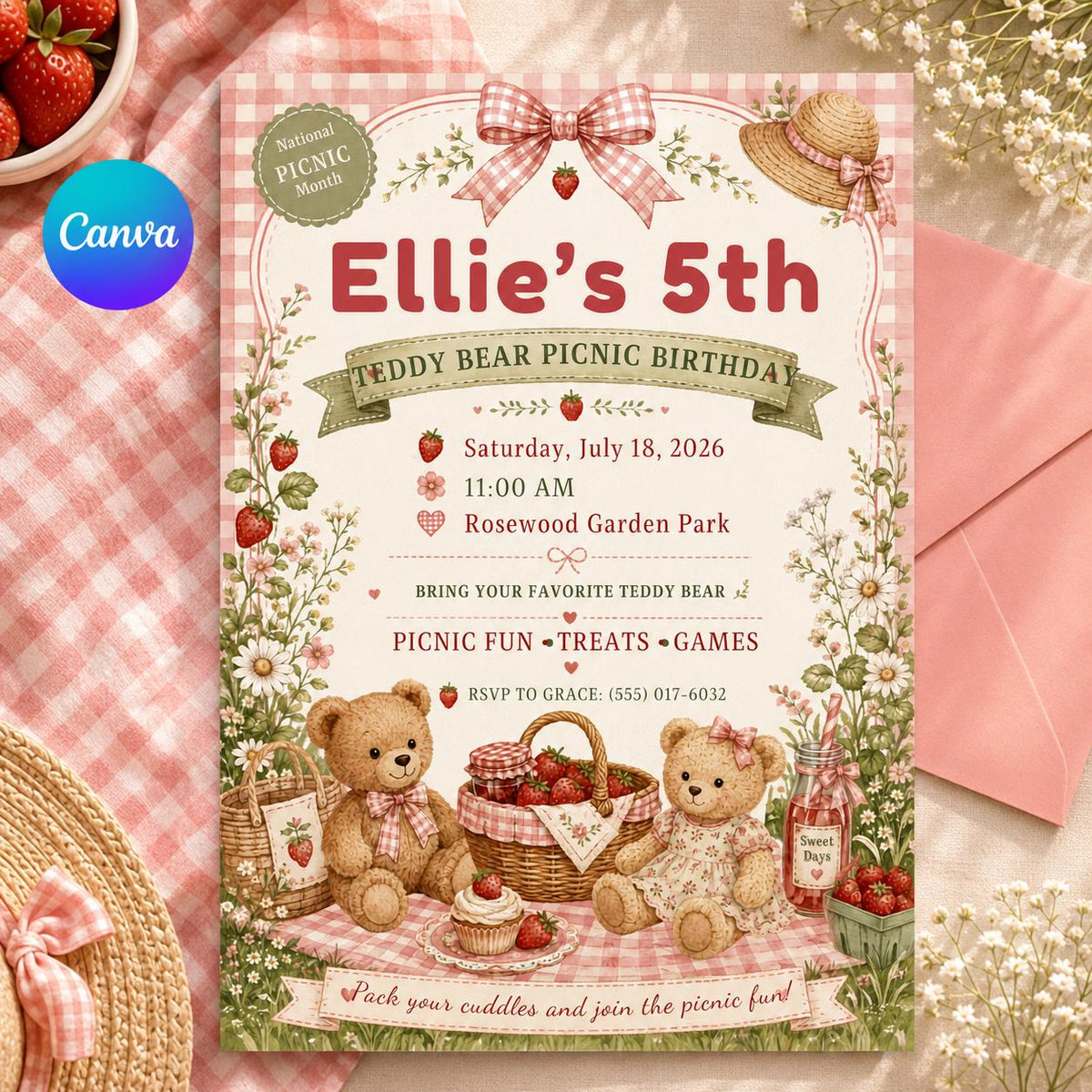 Pink Teddy Bear Picnic Birthday Invitation for Girls — editable Canva template