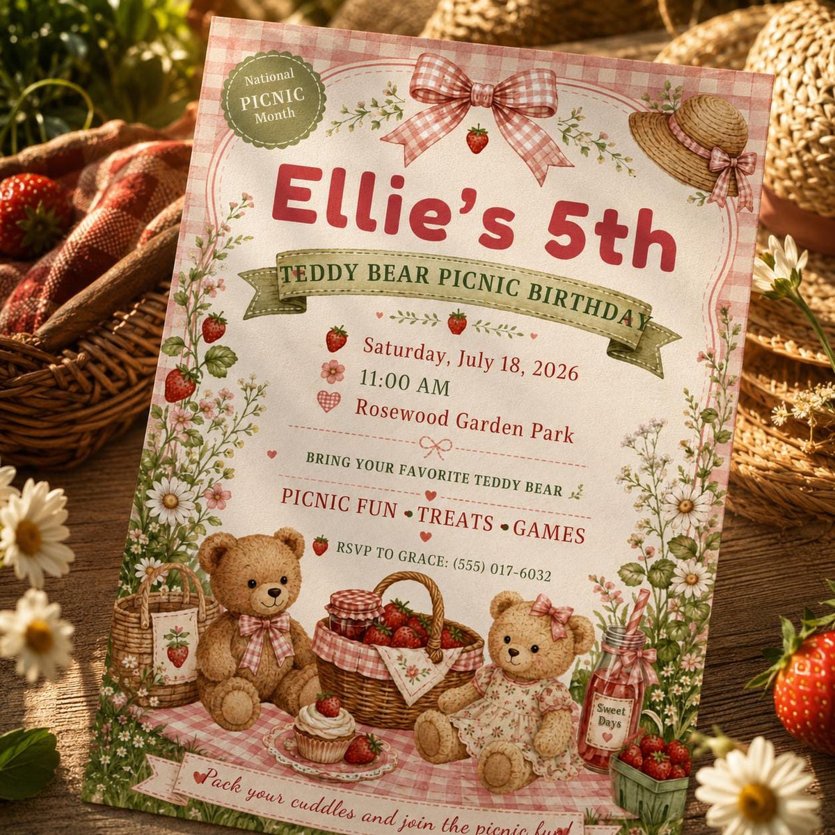 Pink Teddy Bear Picnic Birthday Invitation for Girls — garden design