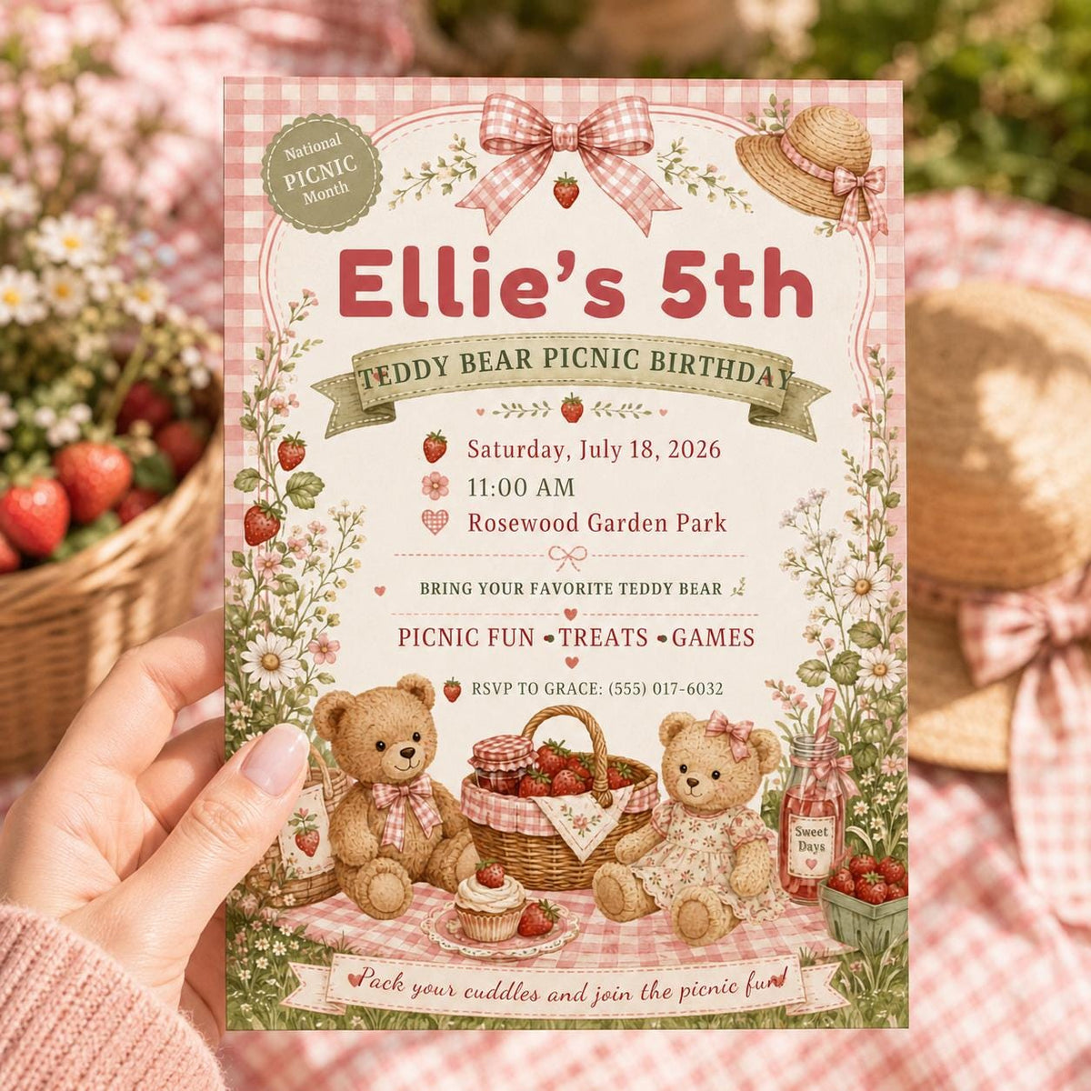 Pink Teddy Bear Picnic Birthday Invitation for Girls — invitation you personalize in Canva