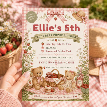 Pink Teddy Bear Picnic Birthday Invitation for Girls — invitation you personalize in Canva
