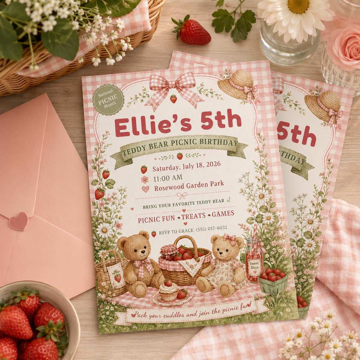 Pink Teddy Bear Picnic Birthday Invitation for Girls — print-ready birthday party design from VoltBy