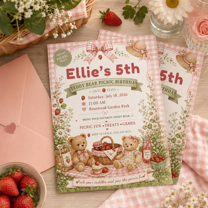Pink Teddy Bear Picnic Birthday Invitation for Girls — print-ready birthday party design from VoltBy
