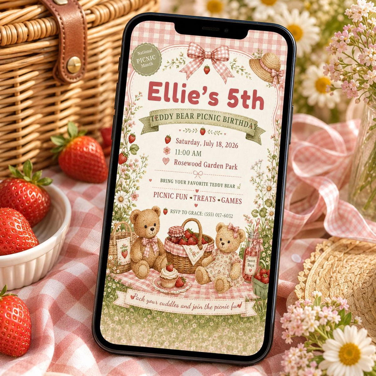 Pink Teddy Bear Picnic Birthday Invitation for Girls — digital invitation, instant download