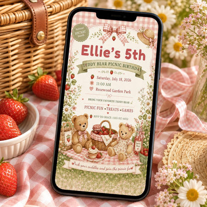 Pink Teddy Bear Picnic Birthday Invitation for Girls — digital invitation, instant download