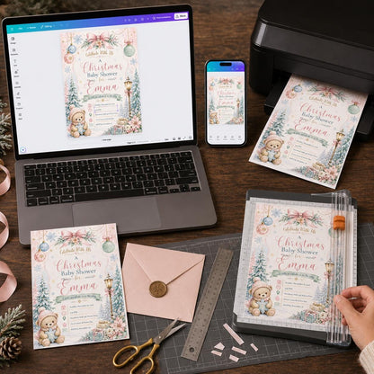 Pink Teddy Bear Winter Baby Shower Invitation for Girls — snowflake design