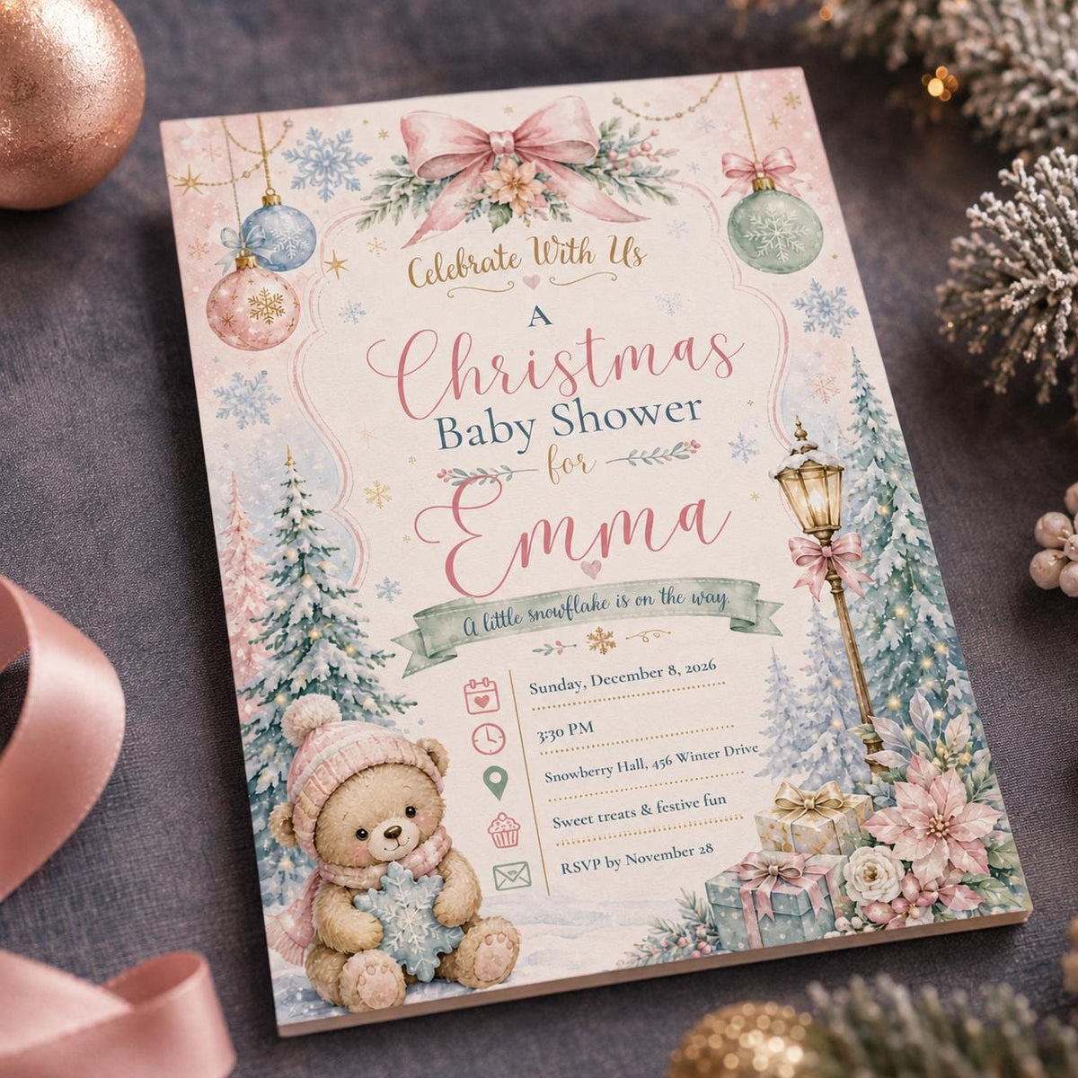 Pink Teddy Bear Winter Baby Shower Invitation for Girls — invitation you personalize in Canva