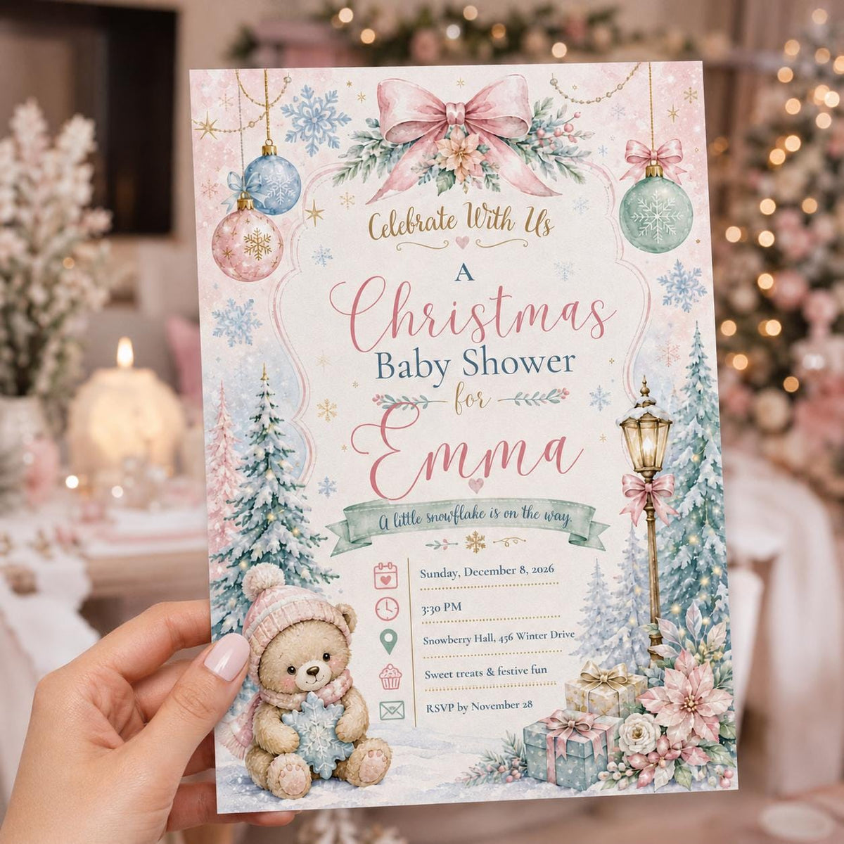 Pink Teddy Bear Winter Baby Shower Invitation for Girls — coquette baby shower design