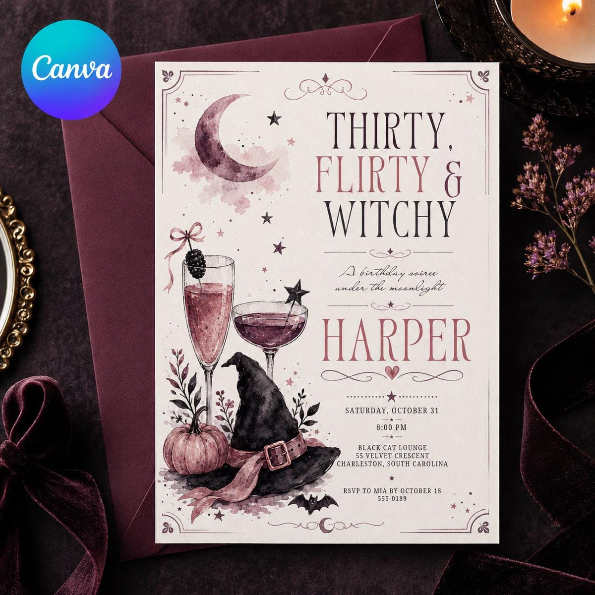Pink Thirty Flirty Witchy Invitation — editable Canva template