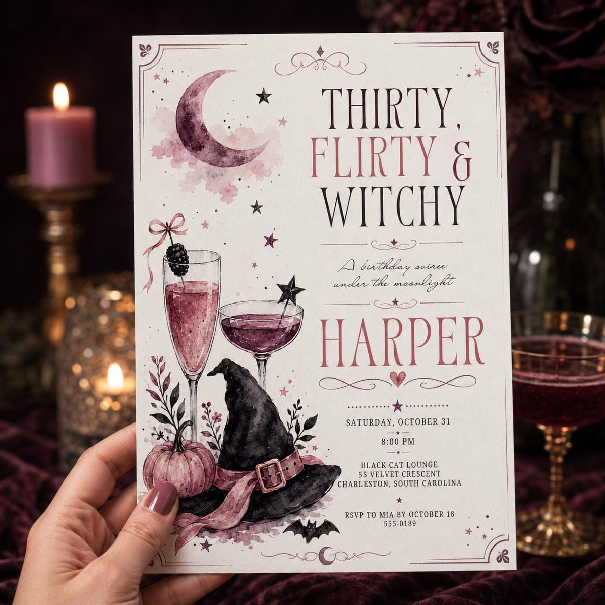 Pink Thirty Flirty Witchy Invitation — invitation you personalize in Canva