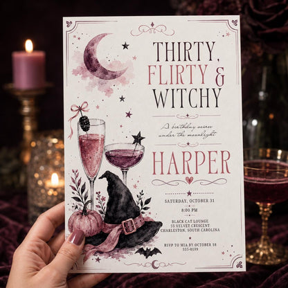 Pink Thirty Flirty Witchy Invitation — invitation you personalize in Canva