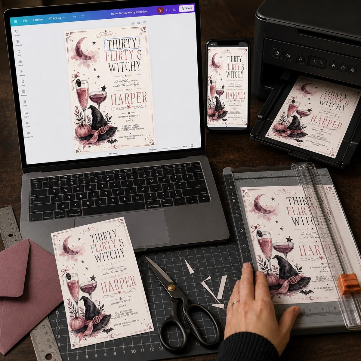 Pink Thirty Flirty Witchy Invitation — print-ready 30th birthday party design from VoltBy