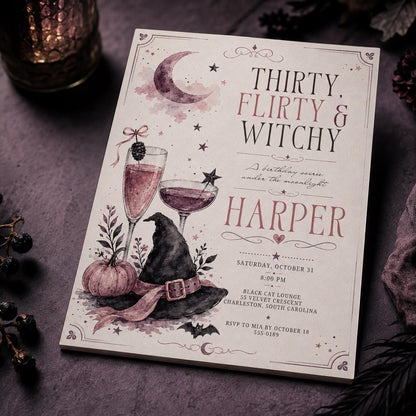 Pink Thirty Flirty Witchy Invitation — digital invitation, instant download