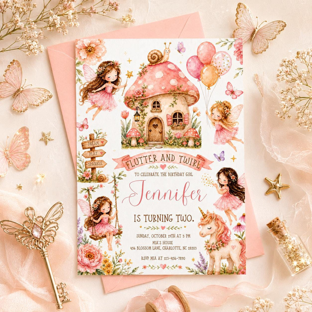 Pink Toadstool Cottage Fairy 2nd Birthday Invitation — balloon design