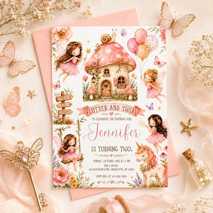 Pink Toadstool Cottage Fairy 2nd Birthday Invitation — balloon design