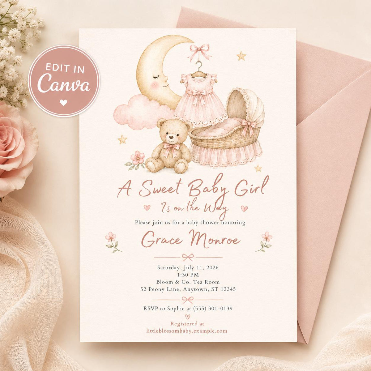 Pink Vintage Baby Girl Shower Invitation — editable Canva template