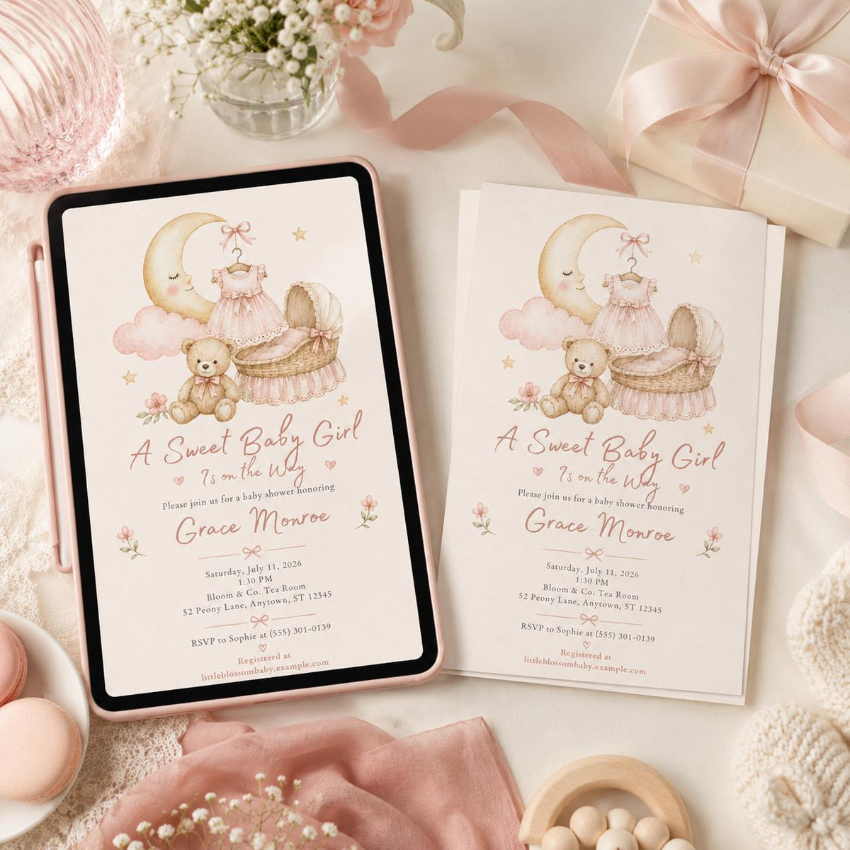 Pink Vintage Baby Girl Shower Invitation — celestial and teddy bear design