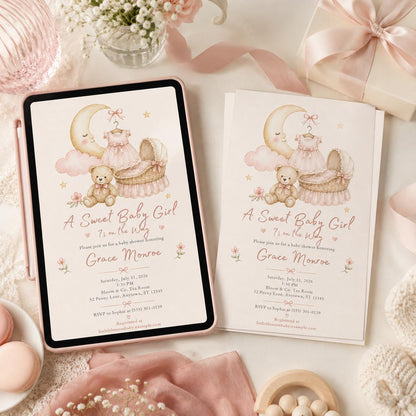 Pink Vintage Baby Girl Shower Invitation — celestial and teddy bear design