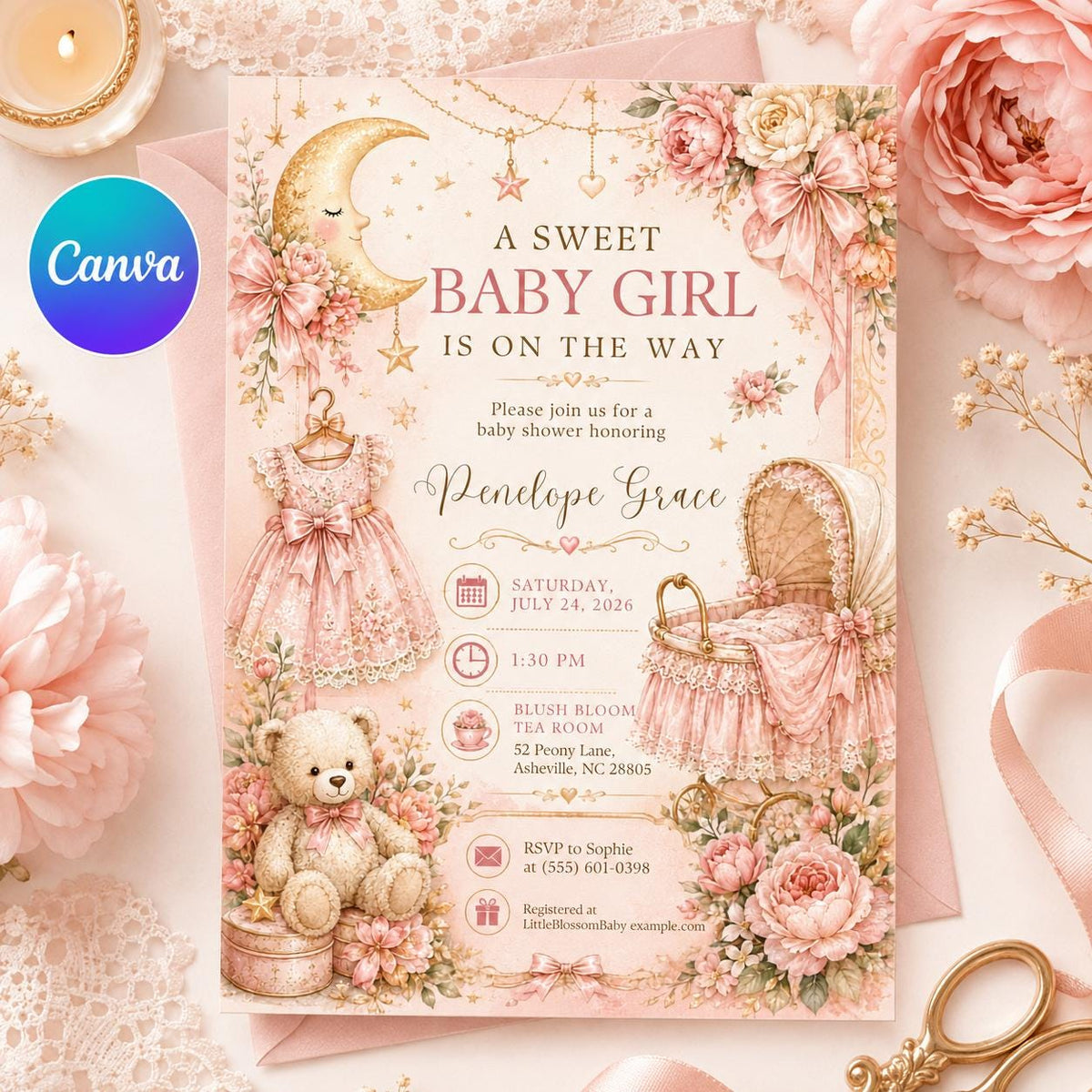 Pink Vintage Baby Girl Shower Invitation: Pink Moon and Stars — editable Canva template