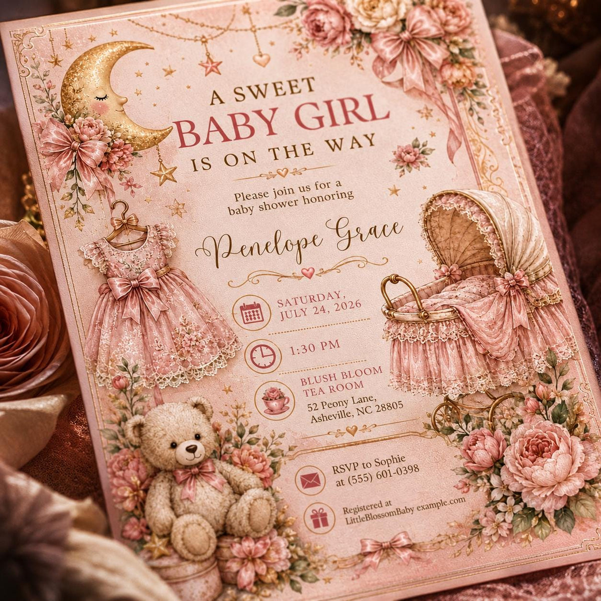 Pink Vintage Baby Girl Shower Invitation: Pink Moon and Stars — celestial floral design
