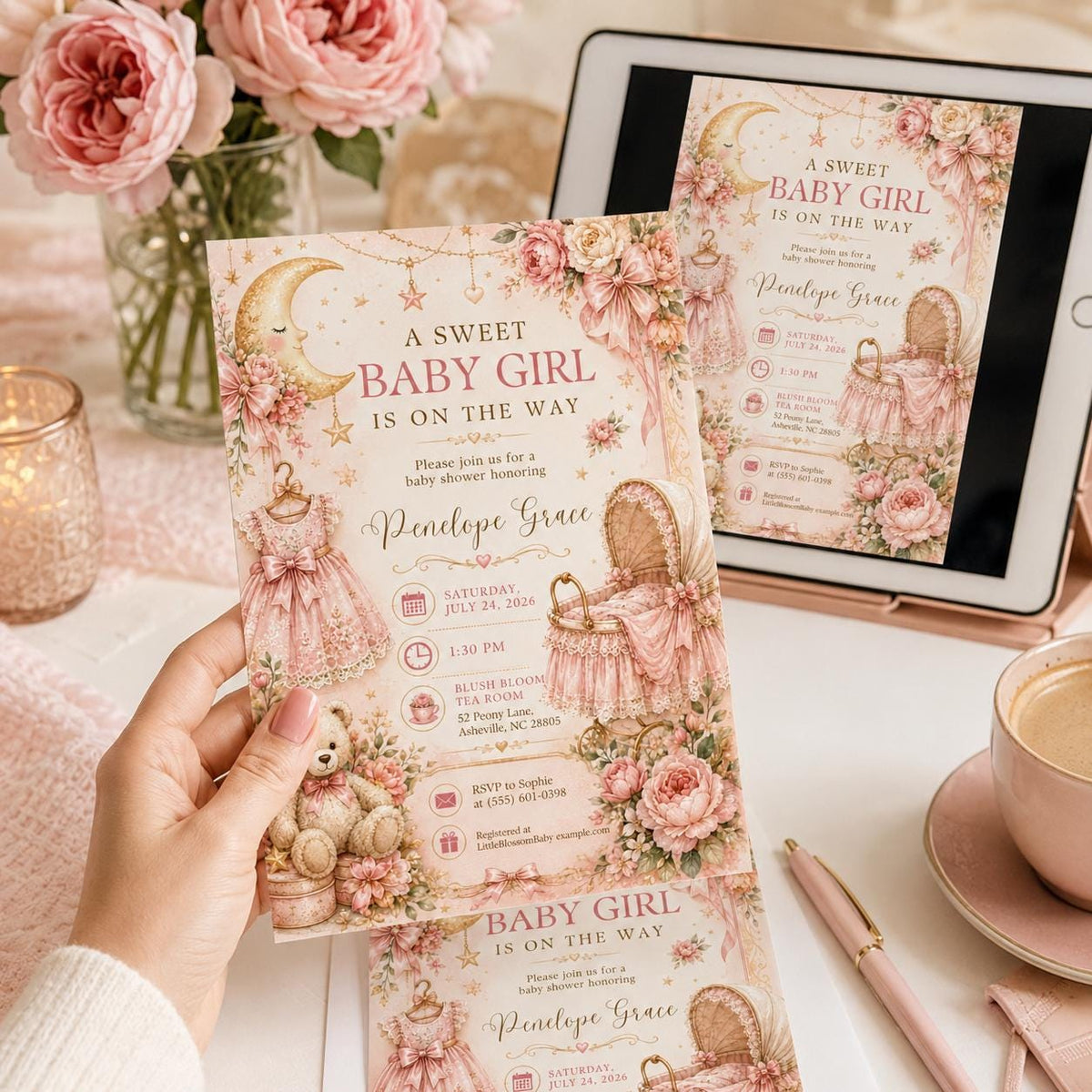 Pink Vintage Baby Girl Shower Invitation: Pink Moon and Stars — invitation you personalize in Canva