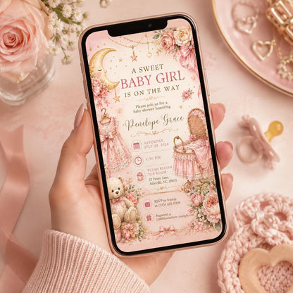 Pink Vintage Baby Girl Shower Invitation: Pink Moon and Stars — celestial baby shower design
