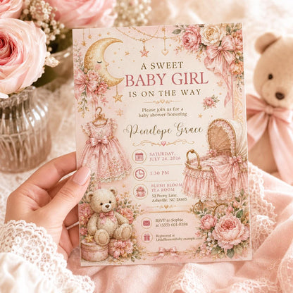 Pink Vintage Baby Girl Shower Invitation: Pink Moon and Stars — print-ready baby shower design from VoltBy