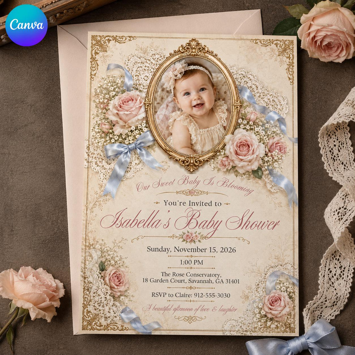 Pink Vintage Baby Girl Shower Invitation: Vintage Floral Lace Photo — editable Canva template