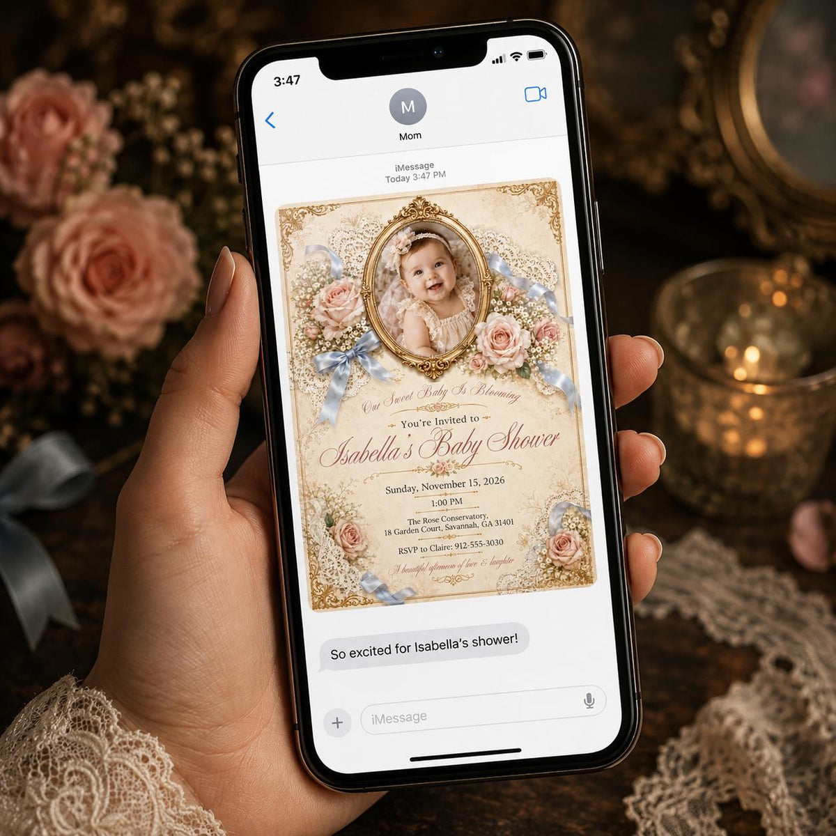 Pink Vintage Baby Girl Shower Invitation: Vintage Floral Lace Photo — invitation you personalize in Canva