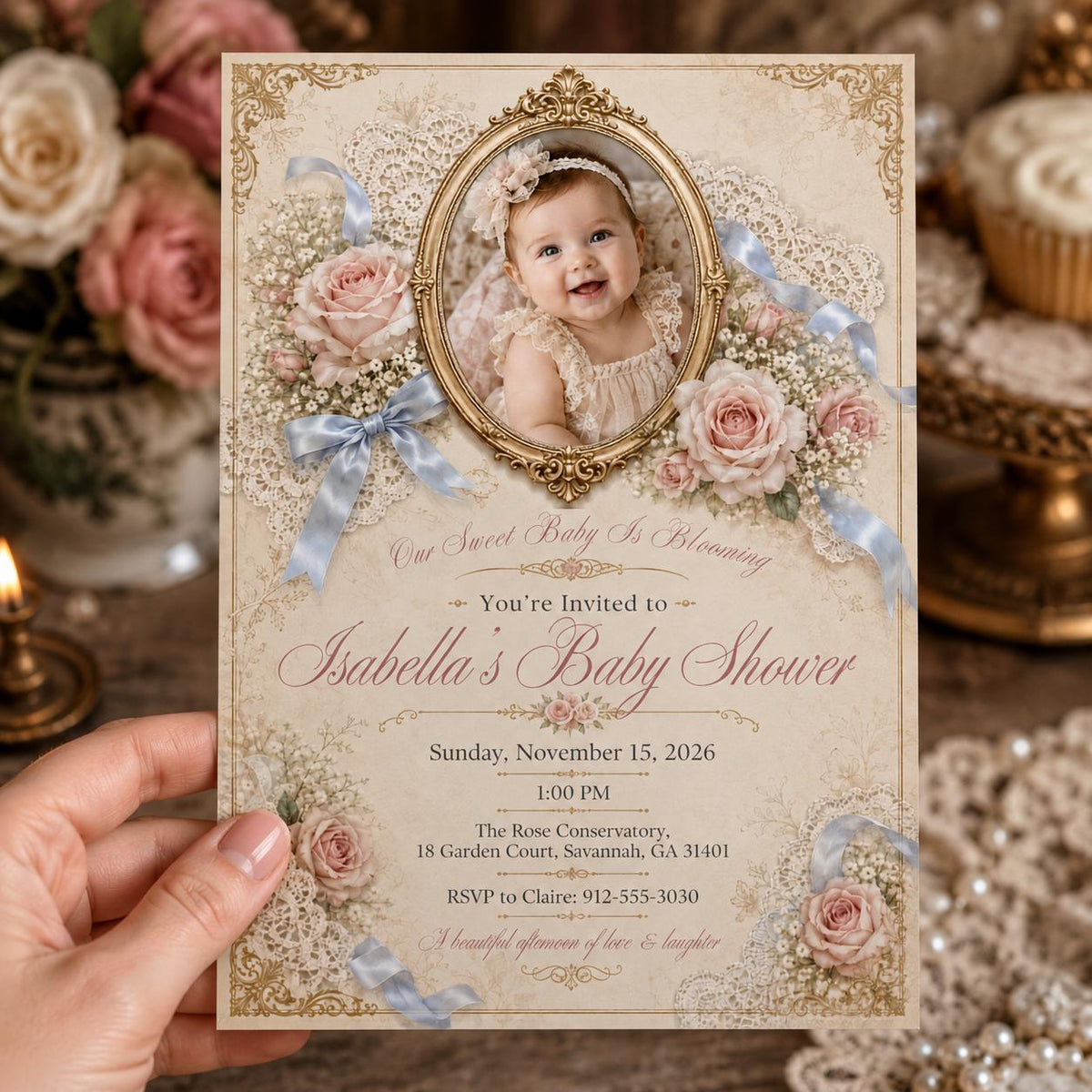 Pink Vintage Baby Girl Shower Invitation: Vintage Floral Lace Photo — coquette baby shower design