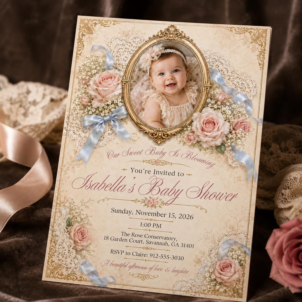Pink Vintage Baby Girl Shower Invitation: Vintage Floral Lace Photo — digital invitation, instant download
