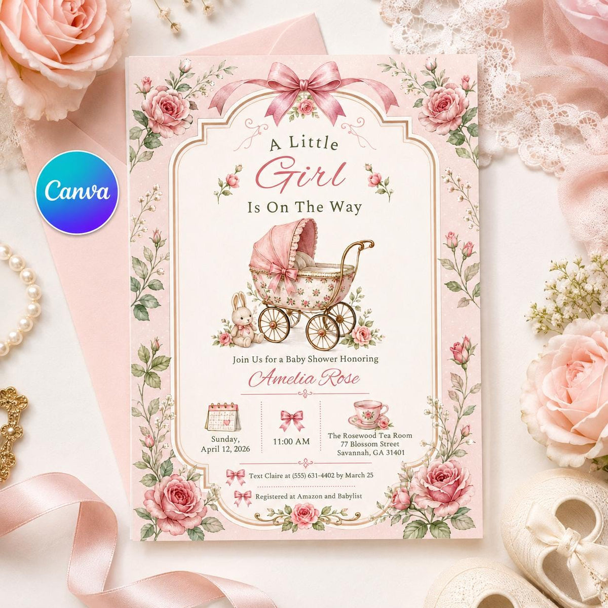 Pink Vintage Girl Baby Shower Invitation — editable Canva template