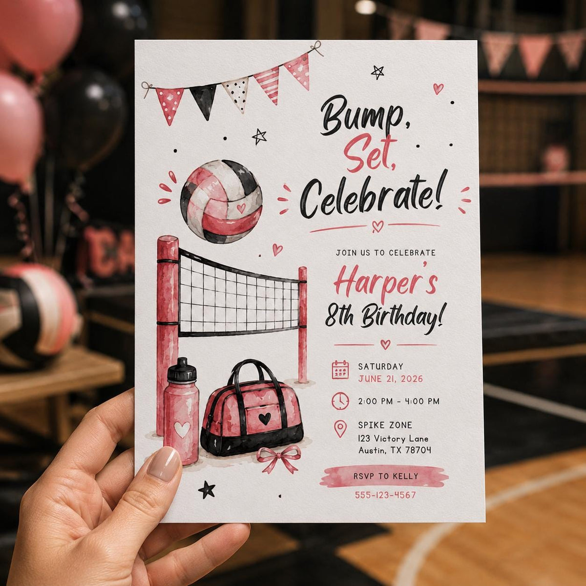 Pink Volleyball 8th Birthday Invitation for Girls — sports design
