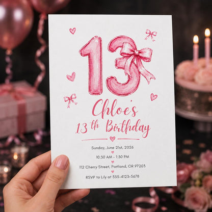 Pink Watercolor 13th Birthday Invitation for Girls — bow design
