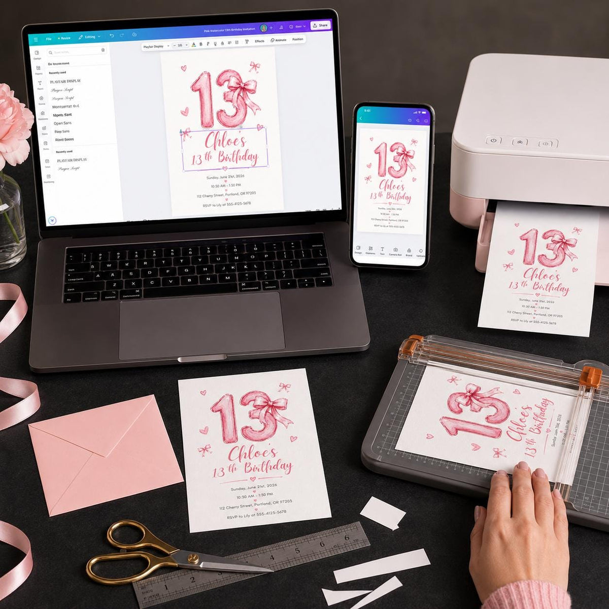 Pink Watercolor 13th Birthday Invitation for Girls — invitation you personalize in Canva